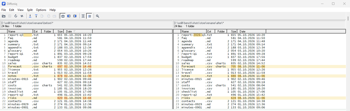 Directory comparison of 24 files in which report-q3.txt on the left is matched with report-2026-q3.txt on the right as one renamed pair; three other files differ