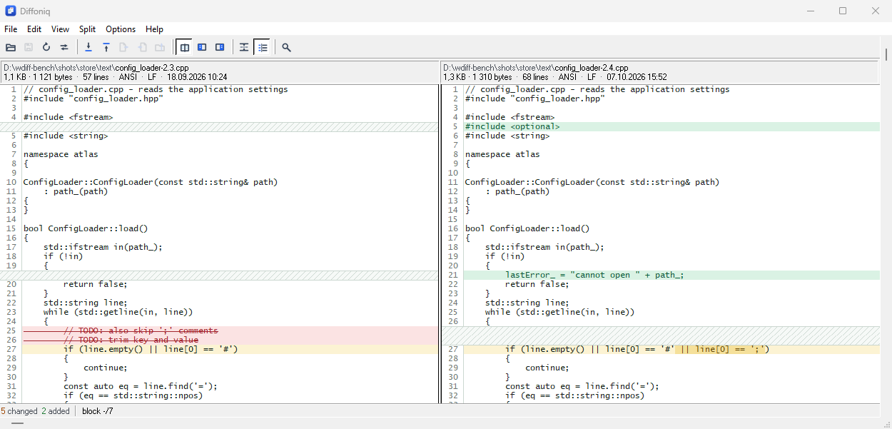 Diffoniq comparing two versions of config_loader.cpp side by side: an inserted include line and an inserted error line in green, two deleted comment lines in red and struck through, a changed line with the changed characters marked, and the empty side opposite each change hatched